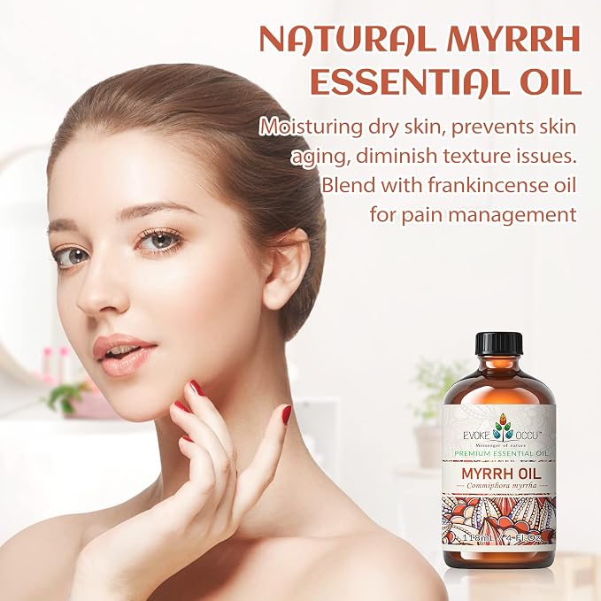 EVOKE OCCU Myrrh Essential Oil for Skin, Massage & Diffuser | Blending with Skin Creams & Massage Oil Blends, Creating Soft Home Fragrance Atmosphere – 118mL / 4 fl oz
