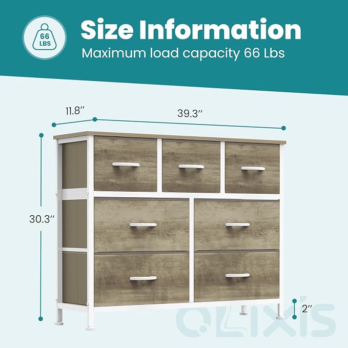 OLIXIS 7 Drawers Fabric Dresser for Bedroom, Storage Tower Organizer | Living Room & Entryway, Sturdy Steel Frame, Wooden Top & Easy-Pull Bins, Closet Chest for Clothes, Oak Greige