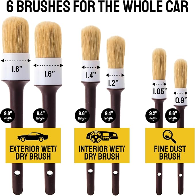Car Detailing Brush Set 9-Pack with Tire and Wheel Brushes - Detail Dudes | 6-pc Scratch-Free Interior Boars Hair Brushes - 1-pc Exterior Tire Brush, Tire Dressing Applicator and Wheel Brush