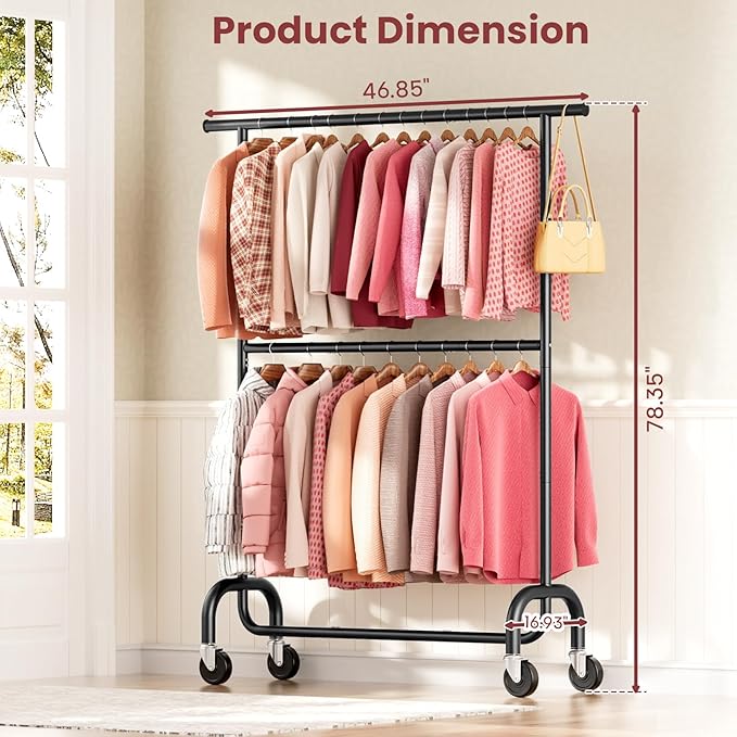 Heavy Duty Clothes Rack for Bedroom - Rolling Clothing Rack with 6-Level Adjustable Height - Lockable Wheels - Portable Garment Rack for Livingroom Laundry Closet - 600 lbs Capacity - Black