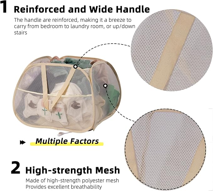 Collapsible Laundry Basket, 90L Mesh Pop-up Hamper with Handles | Foldable Storage Clothes Bag for Laundry, Bathroom, Dorm, Travel, Camping, Space-saving, Beige