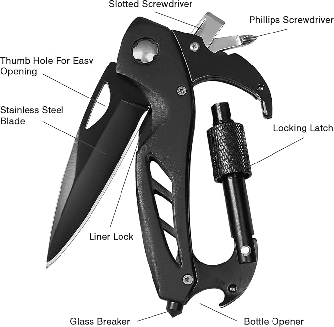 FUNBRO Multitool Carabiner with Pocket Knife, Bottle Opener | Stocking Stuffers Gifts for Men, EDC Carabiners with Folding Knives, Window Breaker and Screwdriver, Gear for Camping Hiking