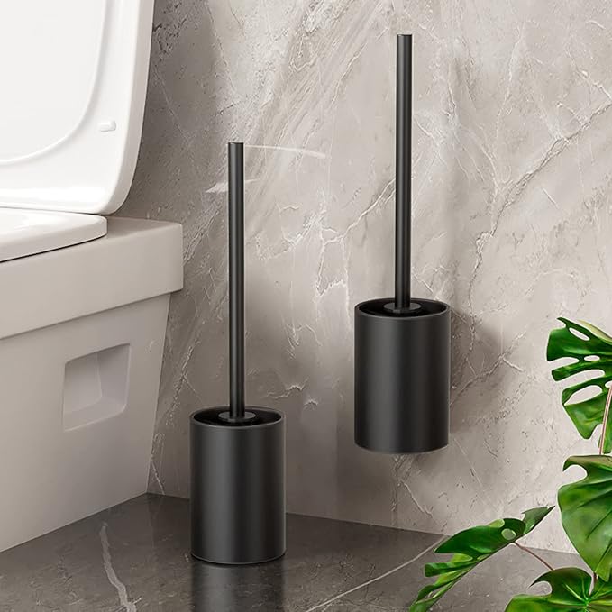 Stainless Steel Toilet Brush & Holder Set, Black, Silicone Bristles, Bathroom Cleaning Tools