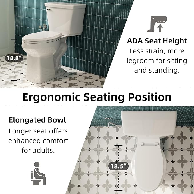 Pressure Assisted Toilet with 18.8" Comfort Tall Height, Los Flexi Two Piece Toilet With Powerful Flush, ADA & Elongated Bowl, 1.0 GPF Water Saving Siphon Flush, 12" Rough-In & Easy Installation