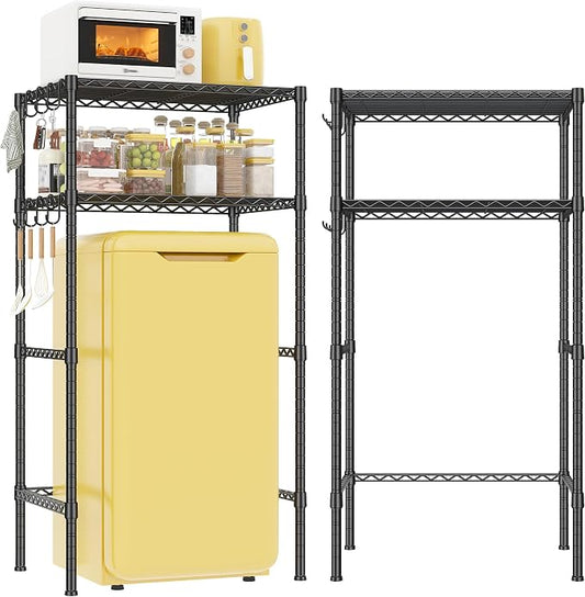 REIBII Mini Fridge Shelf with Storage, 2-Tier Adjustable Metal Shelving Unit with 8 Hooks,176 LBS Heavy Duty Organizer Rack for Dorm Room,Apartment, Kitchen and Office,52.36" H x 26.38" W x 18.1" D