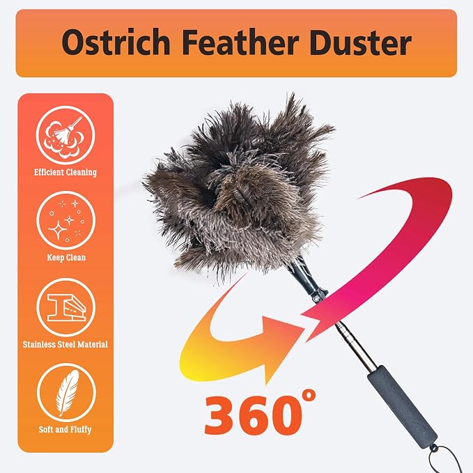 Ostrich Feather Duster for Electronics, Keyboard – Soft Dusting Tool for Screen, Fragile Items, Office, Home Cleaning (A12- Black Handle)