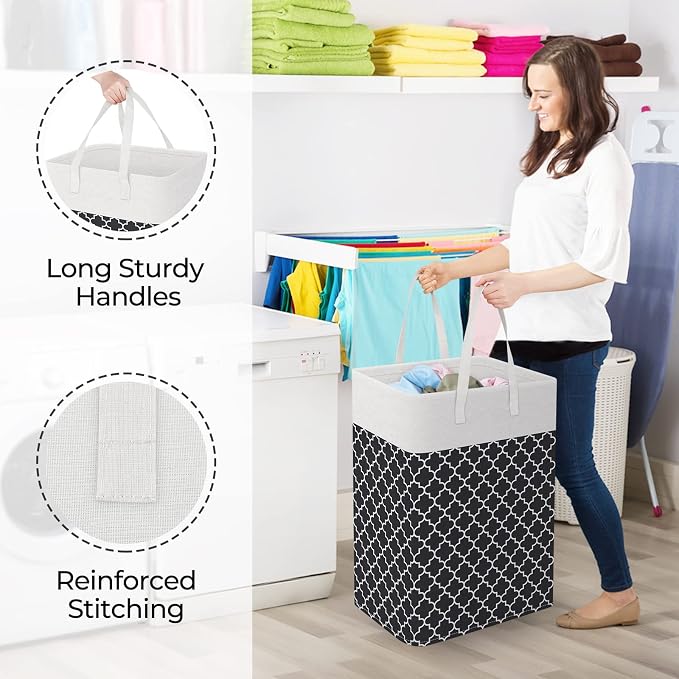 StorageRight Laundry Basket Hamper, 75L Clothes Storage, Clover Black | Freestanding Clothes Hampers, Foldable design, with Easy Carry Handles, For Laundry, Bedroom, Dorm, Clothing, Towels, Toys
