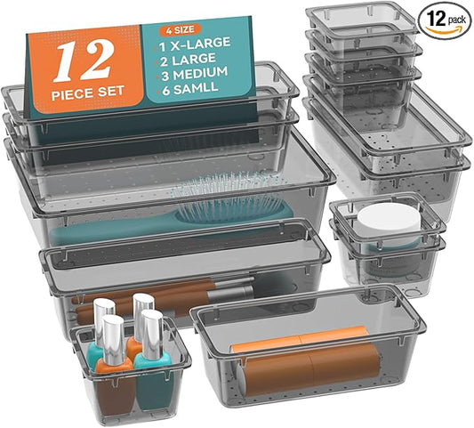 ElegantArray 12-Piece Drawer Organizer Set, 4 Sizes Versatile Plastic Vanity Organizer for Makeup, Stationery, Gadgets, in Kitchen, Bathroom, Office, and Bedroom, Black