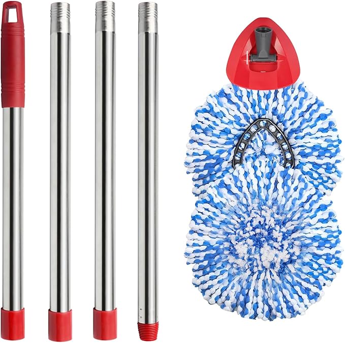 Spin Mop Set Compatible with O Cedar Rinse Clean 2-Tank System, Include 2 Blue Mop Heads Replacements, 1 Base, 1 Mop Handle (30-58in) Combo, Microfiber Spin Mop Replacement Head Replacement