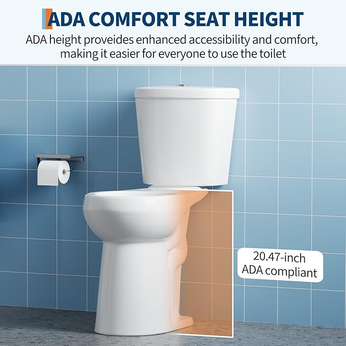 Two Piece Toilet with 21" Extra Tall Height, Elongated Ceramic Bowl without Lid -Dual Flush, CUPC Certified, Water Efficient