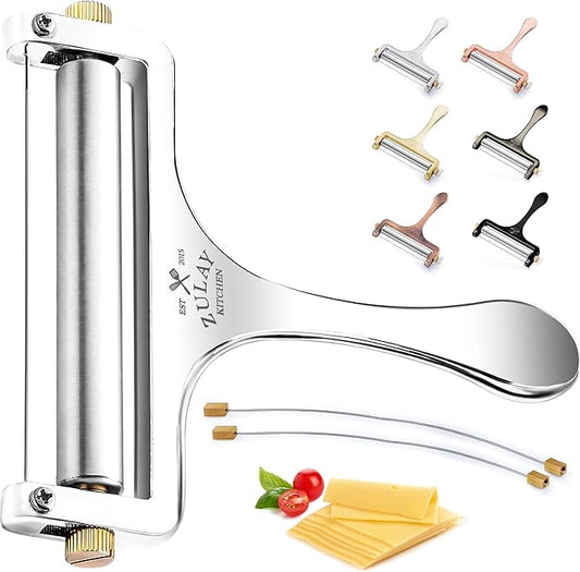 Zulay Kitchen Stainless Steel Wire Cheese Slicer - Adjustable Hand Held Cheese Cutter with 2 Extra Wires - Premium Cheese Knife for Mozzarella, Cheddar, Gruyere - Cheese Cutter with Wire (Silver)