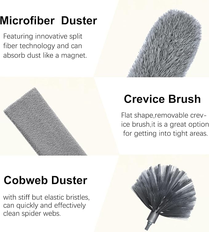100" Microfiber Feather Dusters for Cleaning, Cobweb Duster with Extension Pole, Spider Web Brush & Ceiling Cleaning Tools, Dust Remover Set for Cleaning High Ceilings, Furniture, Ceiling Fan, Blinds