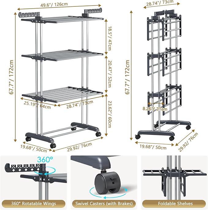Reinforced Clothes Drying Rack Foldable, 4-Tier Drying Rack with Wheels | Heavy Duty Foldable Laundry Drying Rack for Indoor Outdoor Air Drying, Ideal for Large Families, 19.68"D x 29.92"W x 67.70"H