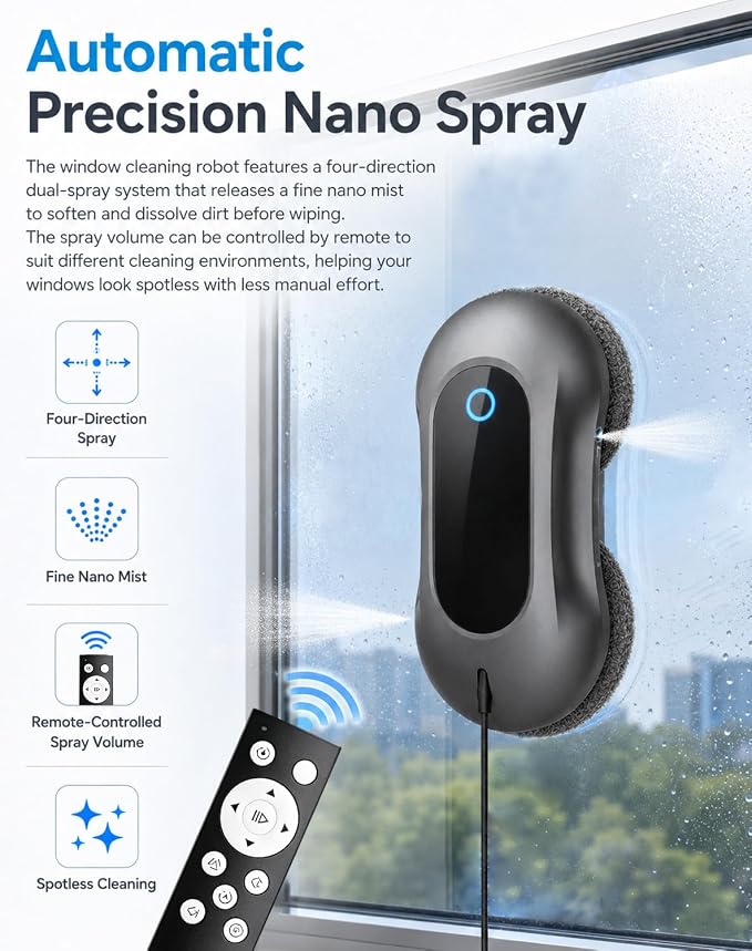 Window Cleaning Robot - Dual Spray & 5500Pa Suction for Home Glass | Smart Automatic Glass Cleaner Featuring AI Navigation, Frameless Edge Detection, Remote Control for High Windows, Glass Doors