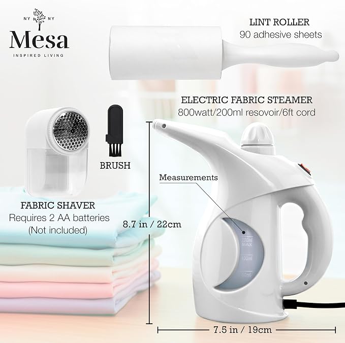 Inspired Living Fabric Care Kit – 3-Piece Fabric & Garment Care Set with Handheld Steamer, Lint Roller & Fabric Shaver – Portable Wrinkle Remover & Clothes Defuzzer