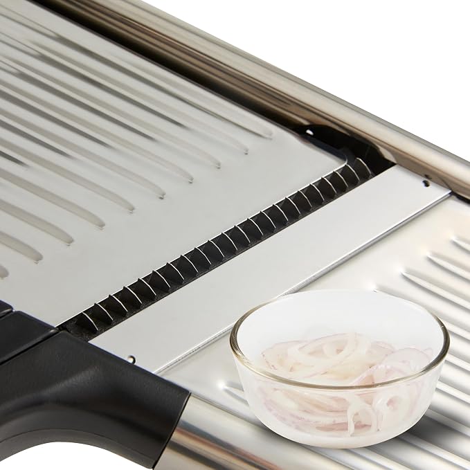 Restaurantware Stainless Steel Adjustable Mandoline Slicer - German Standard Vegetable Slicer with Blade Guard, Cut-Resistant Gloves, Cleaning Brush - Food Slicer for Potato, Onions, Cucumbers, Tomato