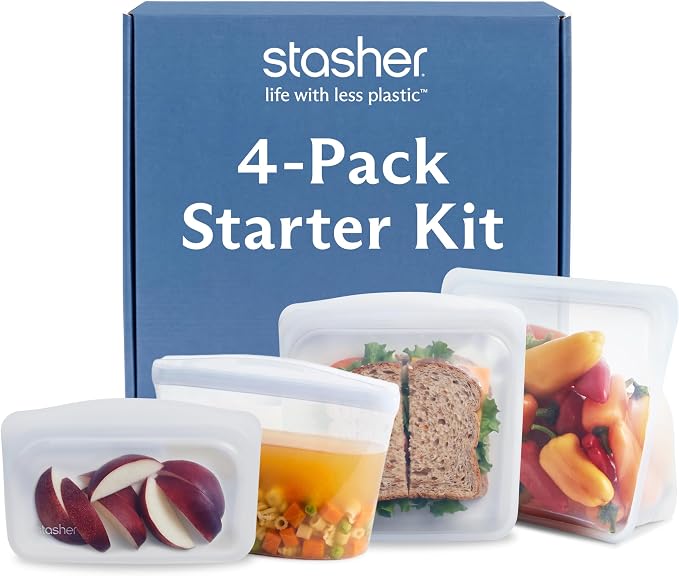 Stasher Silicone Reusable Storage Bags, 4-Pack Starter Kit, Reusable Freezer Bags, Microwave, Dishwasher, Oven Safe, Sous Vide, Premium Lunch Containers, Eco Friendly, Food Storage Bags, Clear