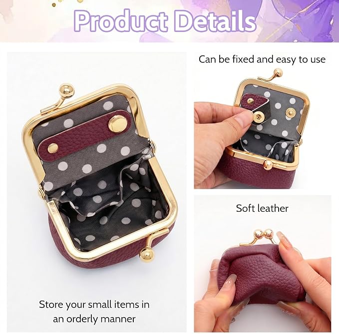 Genuine Leather Mini Jewelry Box Portable Vintage-Inspired Leather Small Coin Purse Jewelry Organizer Case Mini Travel Ring Box with Kiss Lock for Women Earring Ring Necklace