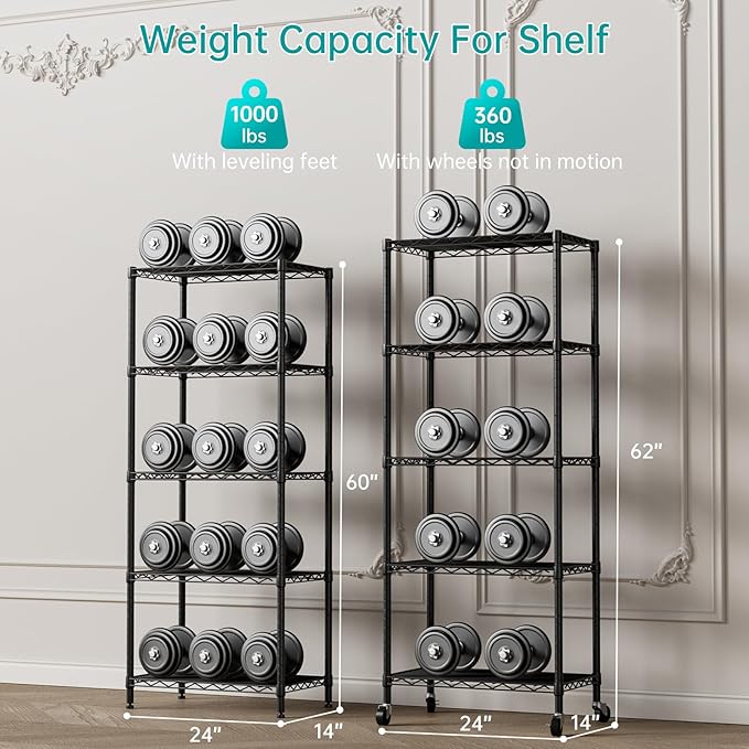 SINGAYE 5 Shelves Storage Wire Shelf Closet Metal Shelving Pantry Wheels | Shelf Bathroom Organizers Metal Kitchen Garage Shelving Unit Laundry Room Organization Home Rack Net Basket with Wheels