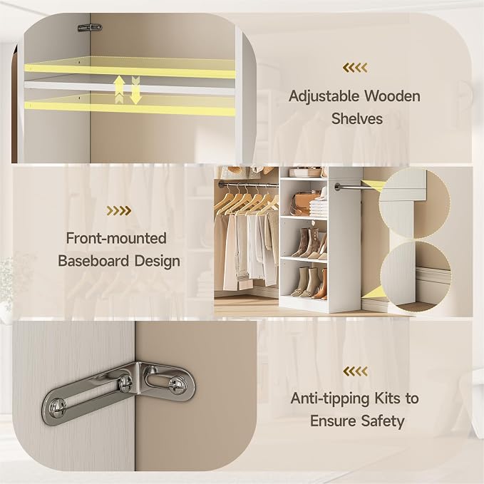 W1 Closet System, 3.5FT-7.7FT Closet Organizer System with 4 Chrome-Plated Telescopic Rods & 6 Adjustable Shelves, Custom Wood Walk-In Closet Wall-Mounted Clothing Rack, White