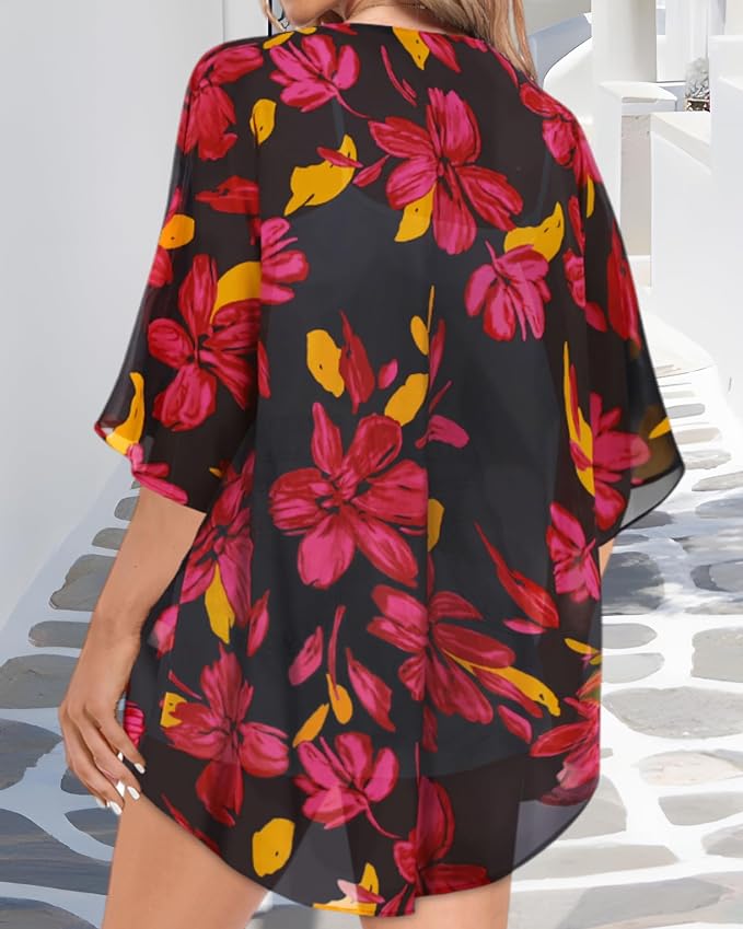Women Kimono Cardigans Summer Cover Up Hawaiian Shirts Floral Print Tops | ROSEMIA chiffon kimono open front cardigans, beach cover ups, daily casual tops, cruise outfits, summer resort wear