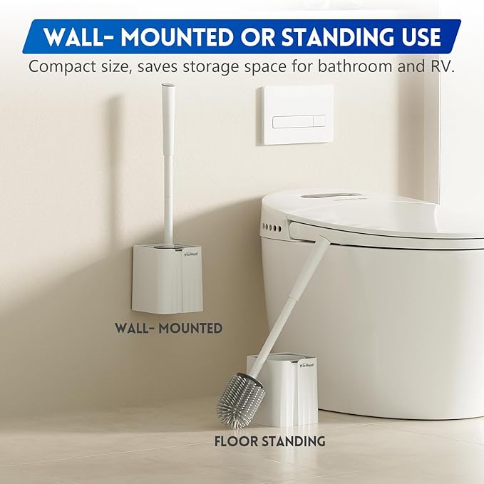 Y-in Hand 2 Pack Silicone Toilet Brush, Soft Toilet Bowl Brush Set for Deep Cleaning. Bathroom RV Accessories with Long Handle, Wall mountable. - White