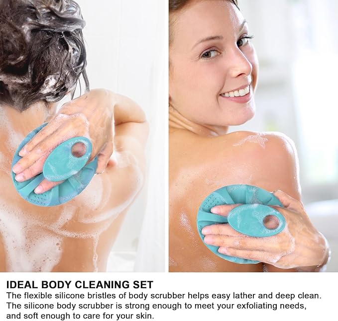 INNERNEED Silicone Body Cleansing Brush Exfoliating Scrubber, Green+Pink | Gentle Massage, Deep Clean, Hygienic Shower Scrub Brush Soft Bristles for All Skin Types, Easy to Hold