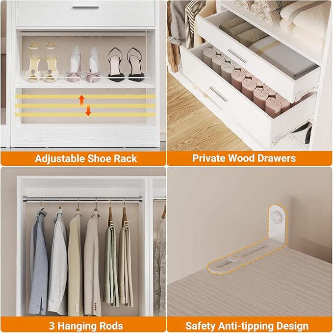Unikito Closet System Set of 2, 4FT Closet Systems with 2 Wood Drawers, 50" Closet Organizer System with 3 Hanging Rods & 2 Shelves, Heavy Duty 50 Inch Walk-in Closet , White (50" L x 16" W x 80" H)