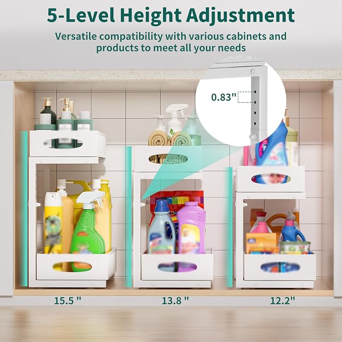 Under Sink Organizer, 1 Pack 2 Tier Metal Slide Out Pull Out Cabinet Organizer Shelf, Height Adjustable Organization and Storage Series, Bathroom/Desktop/Cabinet/Kitchen organization, White