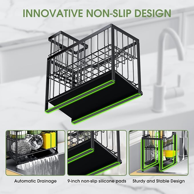 2-Tier Rustproof Sponge Holder for Kitchen Sink, Black | Self-Draining Sink Caddy, Non-Slip Base, Removable Brush Holder, Space-Saving Countertop Organizer, Fits Most Kitchen Sinks