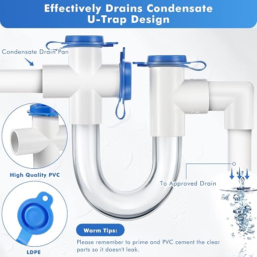 3/4 Inch Standard Condensate Trap with Cleaning Brush, PVC U Trap for HVAC Systems, Air Conditioner, Effectively Drains Condensate(4 Pack)