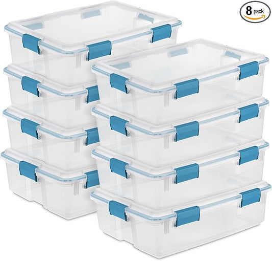 Sterilite Gasket Storage Box with Lids for Home & Office, 37 Quart, 8-Pack | Heavy-Duty, Stackable, and Organizing Containers for Bathroom, Cabinet, Closet, and Garage, Clear and Blue Aquarium Latches