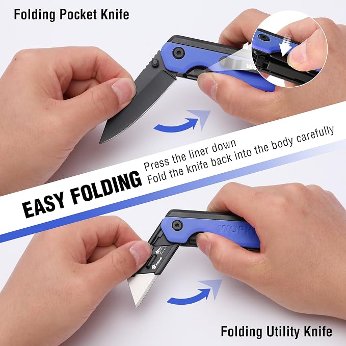 WORKPRO 2-in-1 Folding Knife/Utility Knife, Wood Handle, Blue G10 Handle | Quick-Change Box Cutter, Liner Lock, Belt Clip, 10 SK5 Blades, Carton Cutting, Camping, Hiking, Outdoor, DIY Projects
