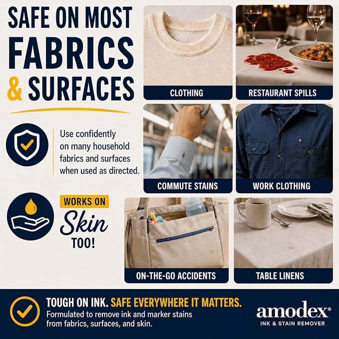 Amodex Ink & Stain Remover Arsenal, Safe and Effective on Clothes, Leather and Skin, Full Set for all your Stain Removal Needs, Includes 2 Bottles, 1 Brush, 10 Wipes