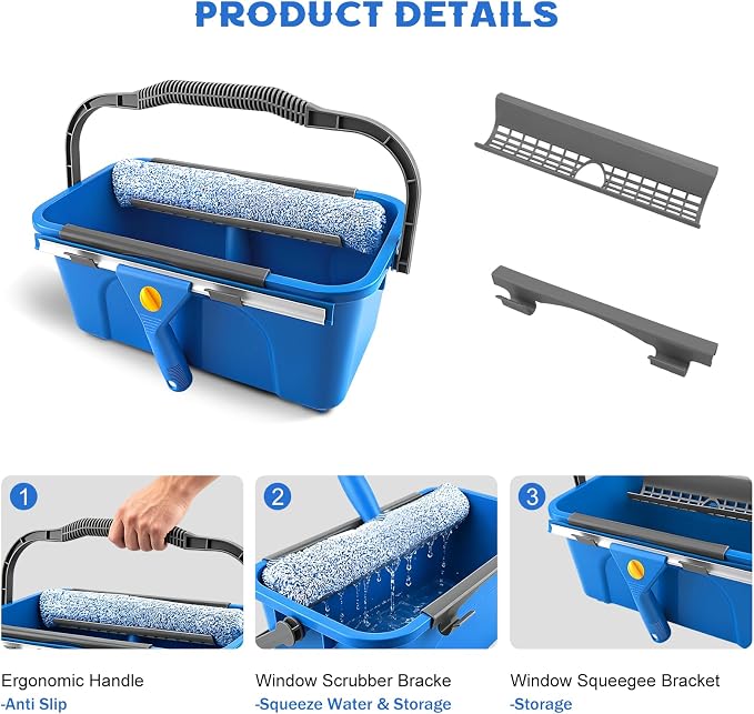 SetSail Window Cleaning Kit with Bucket 3 Gallon, 14-in Window Squeegee and 15-in Microfiber Scrubber, 64" Window Washing Kit, Professional Window Cleaner Tool for Indoor Outdoor Commercial Car, Blue