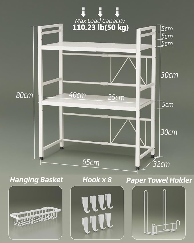 NETEL 3 Tier Expandable Microwave Stand countertop,Microwave Oven Rack | microwave shelf, storage shelf for pans &appliances,with Paper Towel Holder and Baskets，55 Lbs load Per Tier,White