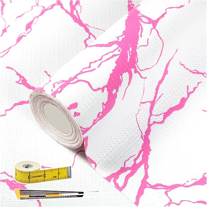 Pink Marble Pattern Shelf Liner, Non-Adhesive Non-Slip Thickened Drawer Liner, Easy to Clean Contact Paper for Kitchen Cabinets, Tool Box, Refrigerator, Includes Knife & Tape Measure.17.3×236.22inch