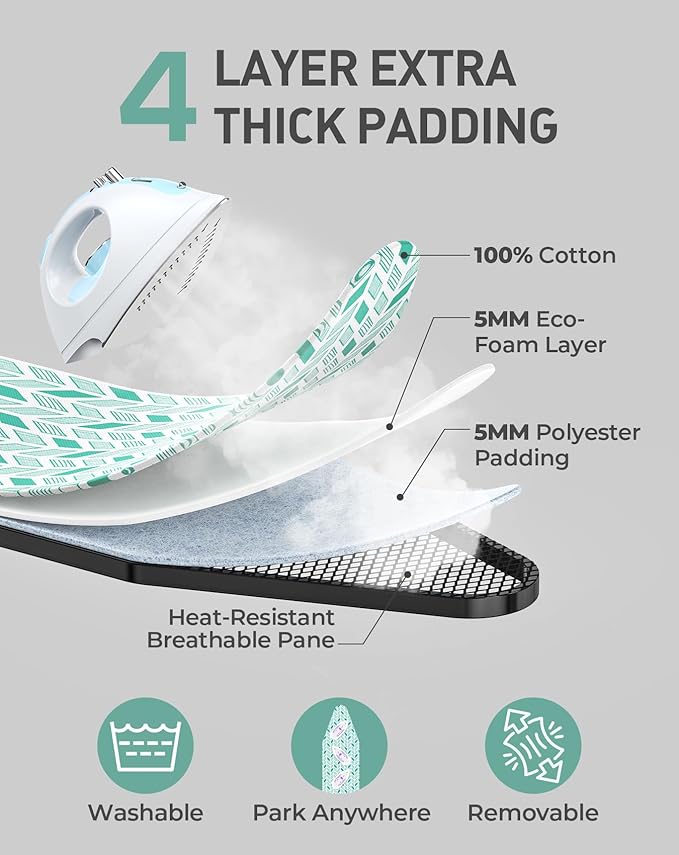 LyriFine Ironing Board, 2-in-1 Ironing and Steaming Board, Sturdy Steel Frame Iron Board with Non-Slip Feet, Heat Resistant Cover Iron Board, Foldable Compact Ironing Board with Hook, 14″ x 43″ Green