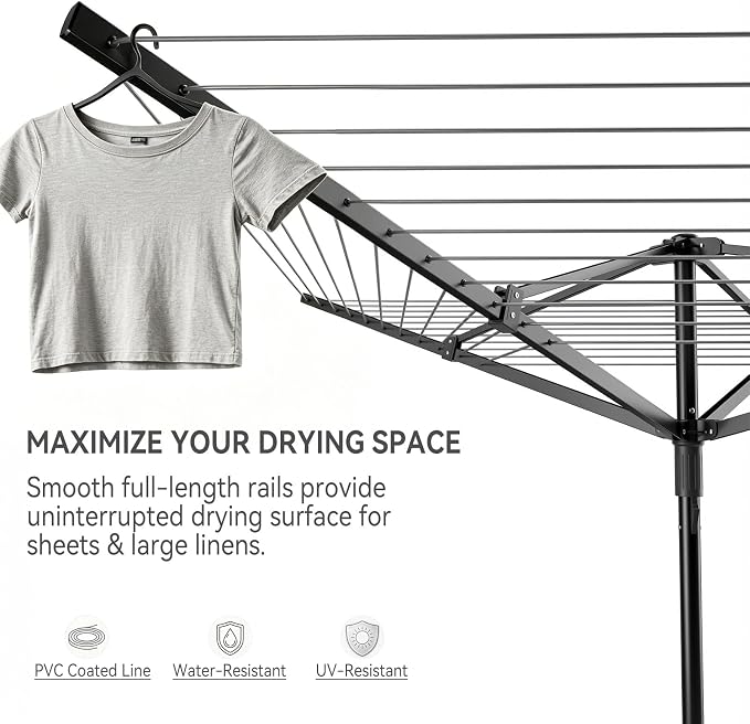 Enayplon 4-Arm Umbrella Clothes Drying Rack, 164 FT Rotary Outdoor Clothesline, Height Adjustable Foldable Laundry Dryer with Ground Spike & Waterproof Protective Cover for Backyard Patio Garden