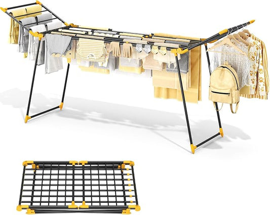 KINGRACK Clothes Airer with 2 Folding Wings, Extendable Stand Dryer Made of Tubular Steel, Variable Width 177.8-254 cm, Foldable Wing Clothes Dryer for Balcony & Indoor Use, Space Saving (Yellow, L)