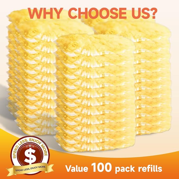 Duster Refills Compatible with Swiffer Duster Handles, 100 Count, 1 Handle | Heavy Duty Fluffy Microfiber,Disposable Dusting Pads for Cleaning Blinds, Fans, Furniture, Shelves, Unscented,Yellow