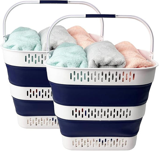 SAMMART 38L (10 Gallon) Collapsible Plastic Laundry Basket - Portable Pop-Up Storage Container/Organizer – Foldable Space Saving Laundry Hamper (2, White/Starry Blue)