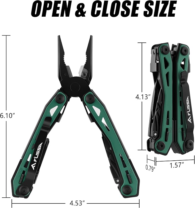 FLISSA 16-In-1 Multi-Tool Pliers, EDC Multitool, Multipurpose Tool, Green | Gift for Men, Stainless Steel, Pocket Knife, Belt Clip, Oxford Pouch, Safety Locking, For Camping, Survival & Outdoor
