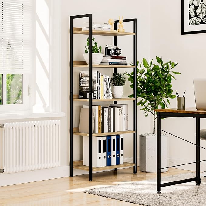 NUMENN Bookshelf, 5 Tier Bookshelves, Home Office Bookcase Shelf Storage Organizer, Free Standing Storage Shelving Unit for Bedroom, Living Room and Home Office, Natural | Metal Frame & Wood Shelves, Falling Prevention Baffle, Open Storage Bookcase for...