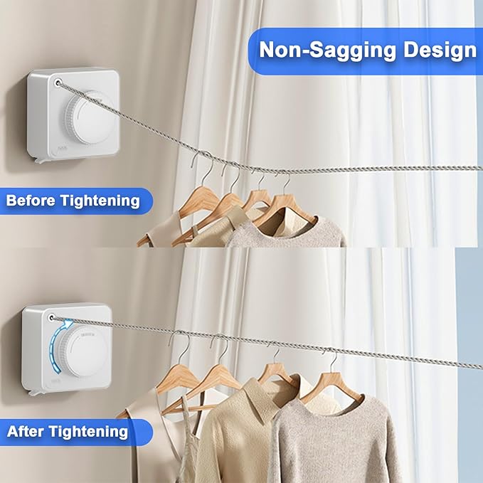 Retractable Clothesline Indoor Outdoor 16.2Ft Non-Sag(1, White) | Stainless Steel Heavy Duty Design Laundry Wash Line with Wall Mounted, Space-Saving Drying Rack for Bathroom, Balcony
