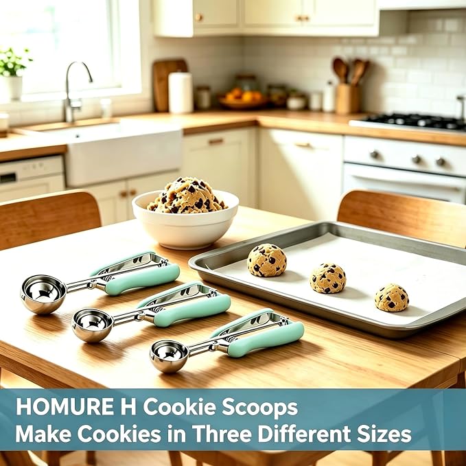 HOMURE H Cookie Scoop Set, Include 1 Tbsp/2 Tbsp/3 Tbsp, Cookie Dough Scoop, Cookie Scoops for Baking Set of 3, Mellon Baller Scoop, Mint Handle, Non-Slip, For Cookies Cupcake Muffin Ice Cream waffle