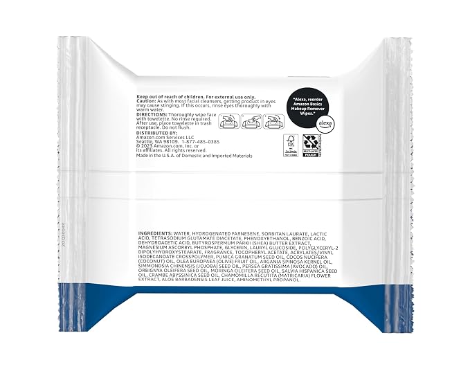 Amazon Basics Makeup Remover Wipes, Gentle Facial Cleansing, Dermatologist Tested, Original, Plant-Based, Alcohol-Free, Removes Waterproof Mascara, 25 Count, 1-Pack