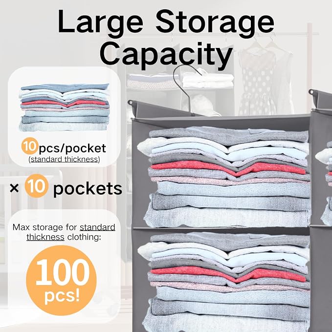 5 Tier Hanging Closet Organizer, Dual Row Wardrobe Storage with Hooks, Grey | 158.3L Extra-Large Closet Storage, Strong Hooks & Thick Fabric Hold Heavy Garments, Foldable Design Saves Closet Space.