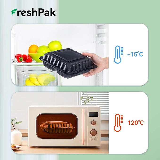 55-Pack 34oz 8x8 Black To Go Boxes - Shrink Wrapped Ready To Use | 3-Compartment MFPP Clamshell Container | Heavy Duty BPA Free, Microwave Safe | Takeout Box for Meal Prep, Leftover & Party