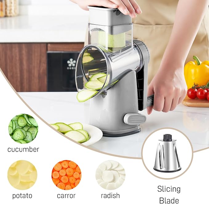 Weltonhm Rotary Cheese Graters with 4 Blades, Large Hand Crank Cheese Grater with Waffle Slicer, Grey Cheese Shredder with Suction Base, Easier for Shredding & Grating (Grey, 4 Graters)